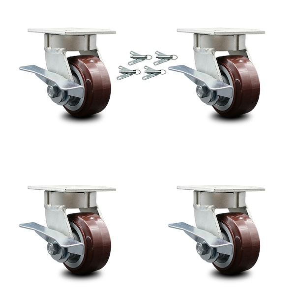 4 Inch Kingpinless Poly on Polyolefin Wheel Caster Set Brake and Swivel Lock SCC
